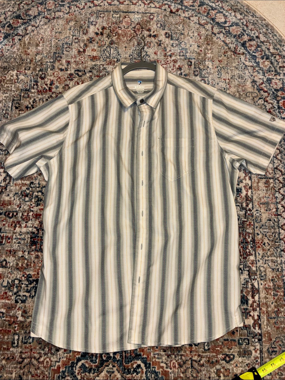 Kuhl Men’s Striped Button-Down Shirt in Light Green and Blue and Cream